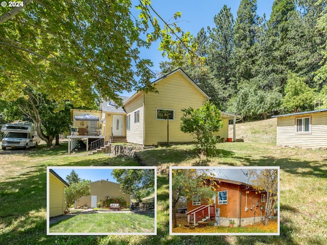 exterior space featuring a yard and a storage shed