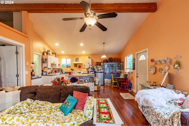 bedroom featuring ceiling fan, dark hardwood / wood-style flooring, multiple windows, and beamed ceiling