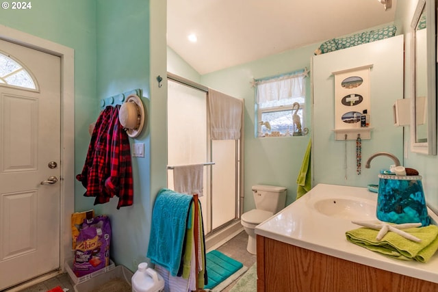 bathroom with toilet, an enclosed shower, vanity, and plenty of natural light