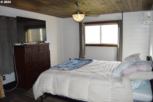 bedroom with wood ceiling, wooden walls, a wall mounted air conditioner, and dark hardwood / wood-style floors