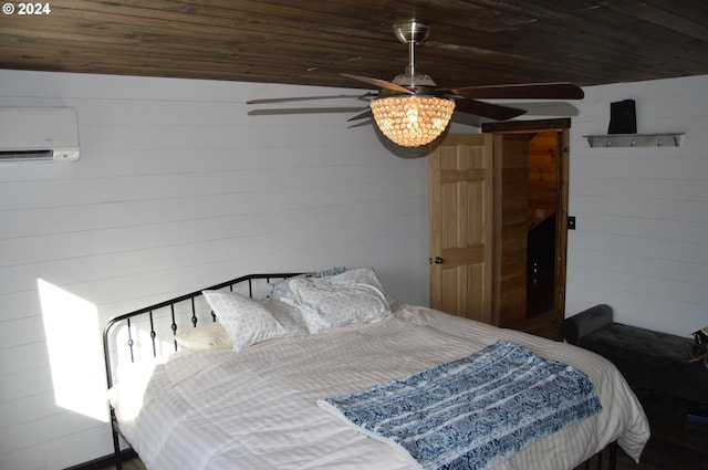 bedroom featuring wood walls, a wall mounted air conditioner, and wooden ceiling