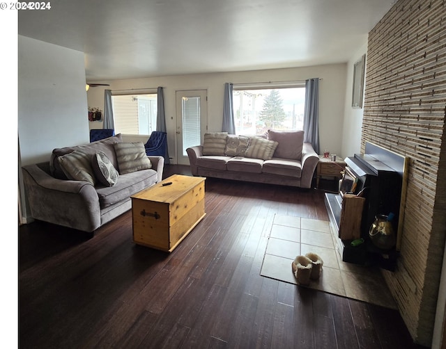 living room with dark hardwood / wood-style flooring