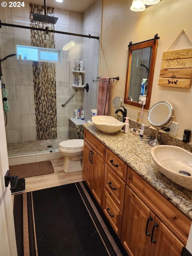 bathroom featuring vanity, an enclosed shower, and toilet