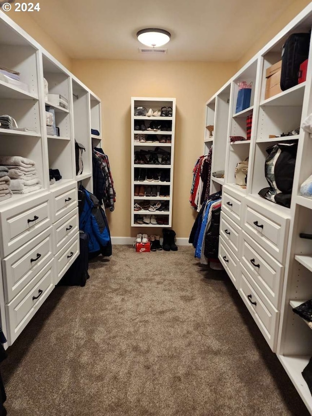 walk in closet with dark carpet