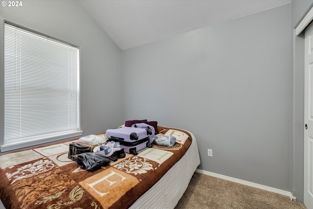 carpeted bedroom featuring vaulted ceiling