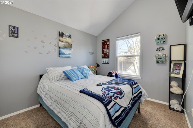 bedroom with dark colored carpet and vaulted ceiling