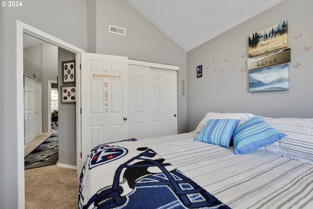 bedroom featuring high vaulted ceiling, a closet, and carpet floors