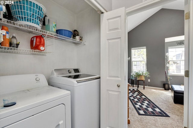 clothes washing area featuring carpet flooring and washer and clothes dryer