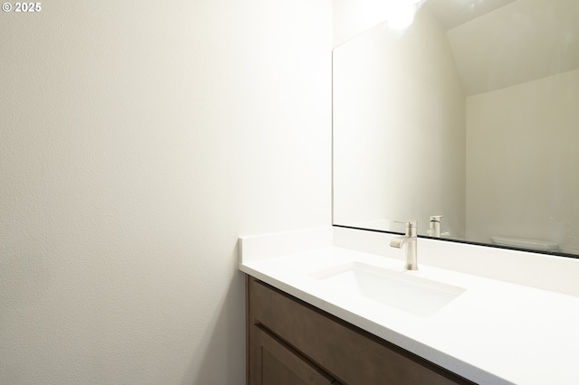 bathroom with lofted ceiling and vanity