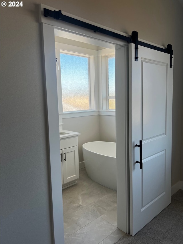 bathroom with a washtub and vanity