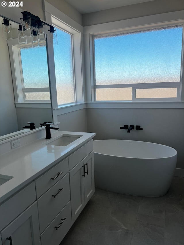 bathroom with plenty of natural light, vanity, and a washtub