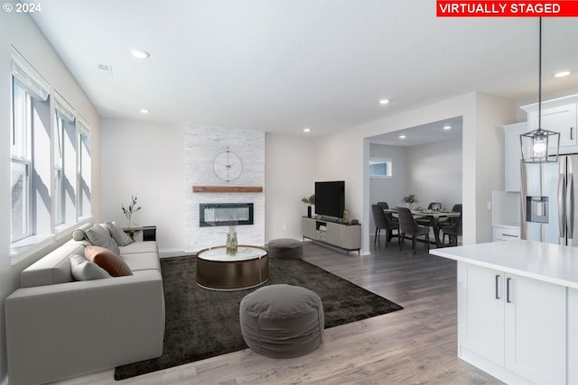 living room with hardwood / wood-style flooring and a stone fireplace