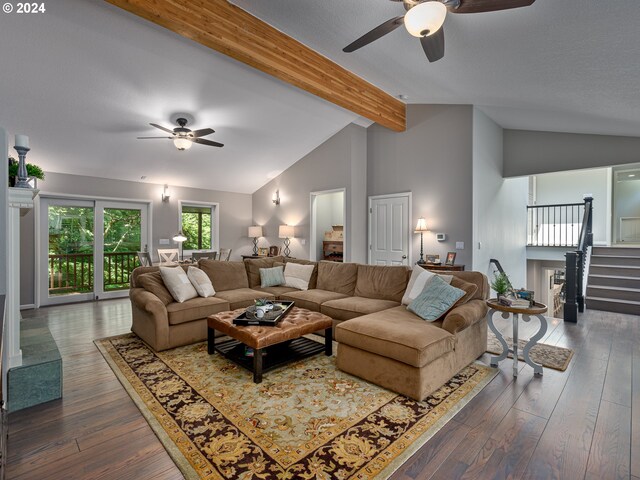 bedroom with ceiling fan, dark wood-type flooring, access to outside, and vaulted ceiling