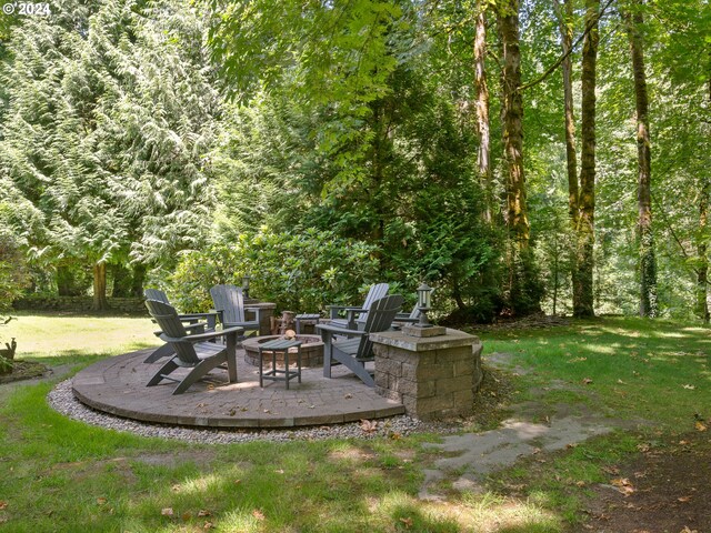 view of patio / terrace featuring an outdoor fire pit