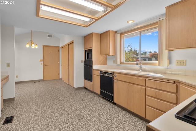 kitchen featuring sink, lofted ceiling, hanging light fixtures, black appliances, and light brown cabinetry