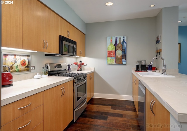 kitchen with appliances with stainless steel finishes, dark hardwood / wood-style floors, and sink