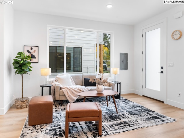 living room with electric panel and light hardwood / wood-style floors