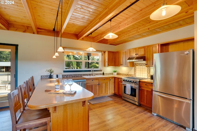 kitchen with stainless steel appliances, kitchen peninsula, a wealth of natural light, and a breakfast bar area