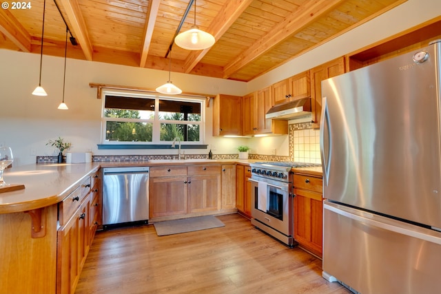 kitchen with sink, beam ceiling, hanging light fixtures, light hardwood / wood-style flooring, and stainless steel appliances