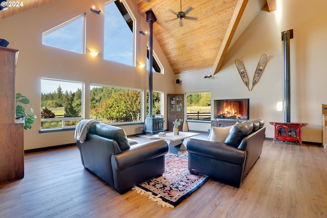 living room featuring high vaulted ceiling, a wood stove, wooden ceiling, and hardwood / wood-style floors