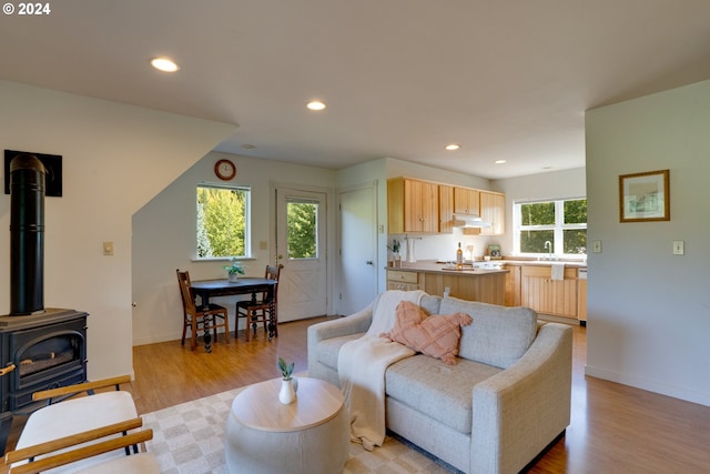 living room featuring light hardwood / wood-style flooring, a wood stove, plenty of natural light, and sink