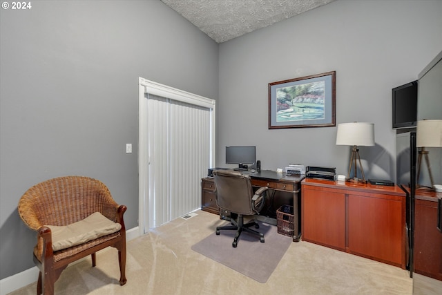 office area featuring light carpet and a textured ceiling