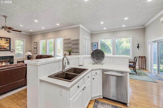 kitchen featuring dishwasher, light hardwood / wood-style flooring, plenty of natural light, and white cabinetry