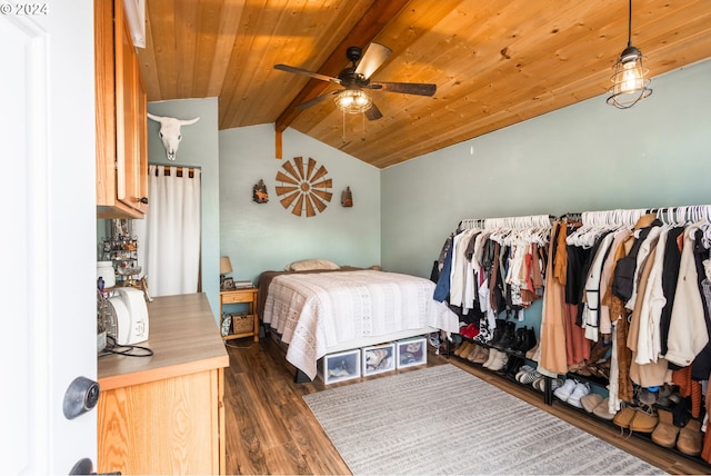 bedroom with wood ceiling, dark wood-type flooring, ceiling fan, and vaulted ceiling