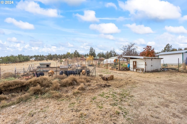 view of yard featuring a rural view and a storage unit