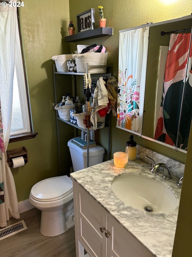 bathroom featuring vanity, hardwood / wood-style flooring, and toilet