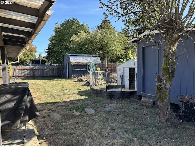 view of yard featuring a storage shed