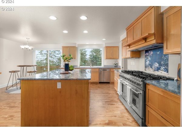 kitchen with backsplash, a center island, an inviting chandelier, appliances with stainless steel finishes, and light hardwood / wood-style floors