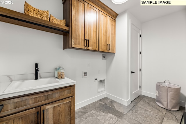 laundry area featuring cabinets, washer hookup, electric dryer hookup, and sink