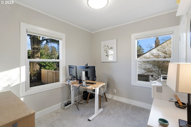 office area featuring light carpet and ornamental molding