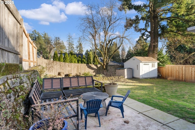 view of patio with a storage shed