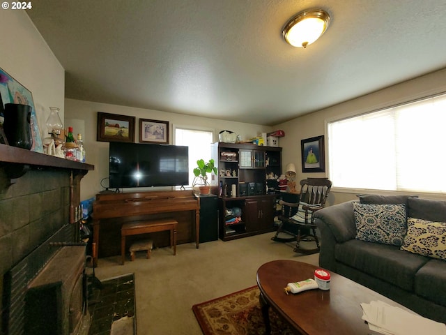 carpeted living room with a textured ceiling