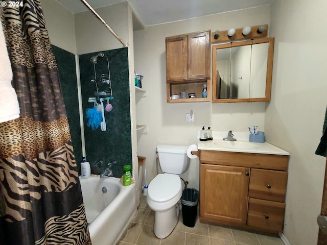 full bathroom featuring toilet, shower / bathtub combination with curtain, vanity, and tile patterned flooring