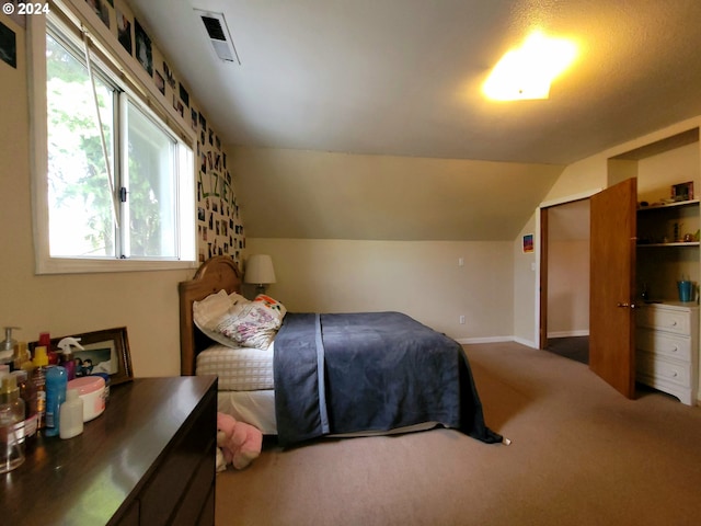 bedroom with a closet, carpet, and vaulted ceiling