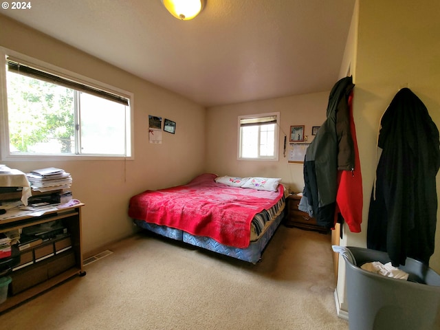 bedroom featuring light colored carpet