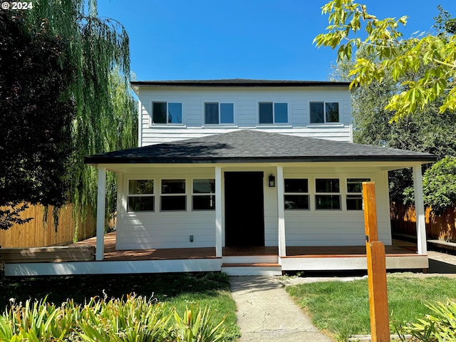 view of front of home with fence and roof with shingles