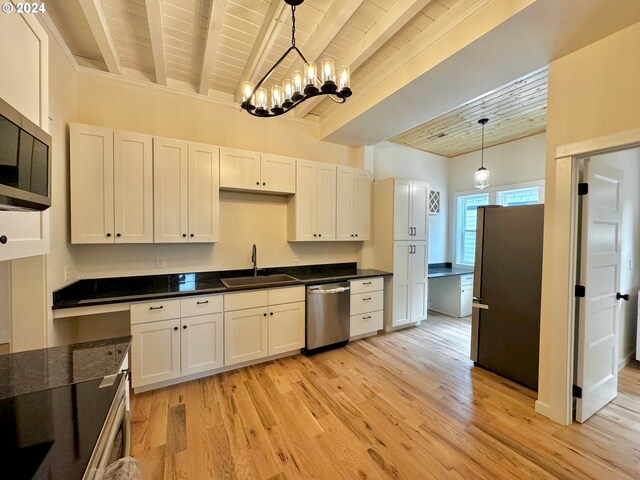 kitchen featuring white cabinetry, wooden ceiling, stainless steel appliances, sink, and decorative light fixtures