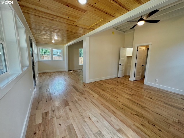 spare room with ceiling fan, wooden ceiling, and light hardwood / wood-style flooring