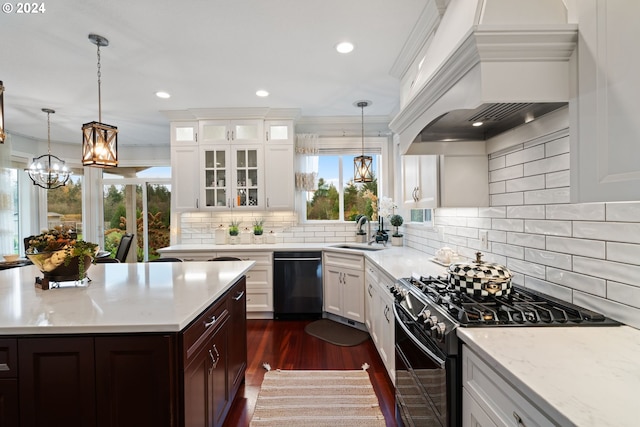 kitchen featuring premium range hood, dark wood-type flooring, black appliances, sink, and tasteful backsplash