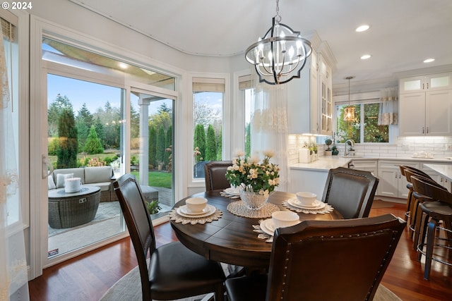 dining area featuring sink, a healthy amount of sunlight, and dark hardwood / wood-style floors