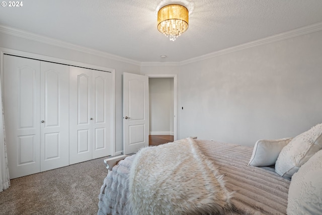 bedroom with carpet flooring, crown molding, a textured ceiling, and a closet