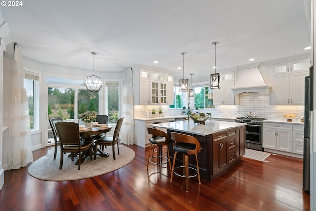 kitchen with appliances with stainless steel finishes, a kitchen island, plenty of natural light, and custom exhaust hood