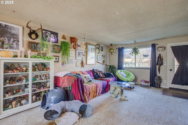 carpeted living room featuring a textured ceiling