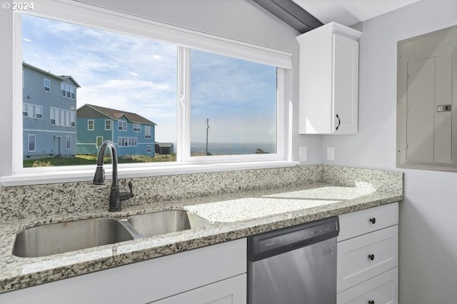 3660 Rocky Creek Ave, Depoe Bay, OR 97341 - kitchen featuring stainless steel dishwasher, a sink, electric panel, white cabinets, and light stone countertops
