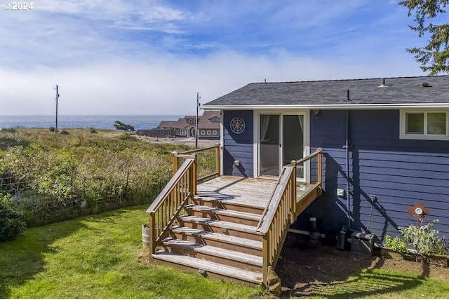 3660 Rocky Creek Ave, Depoe Bay, OR 97341 - deck featuring a yard, stairway, and a water view