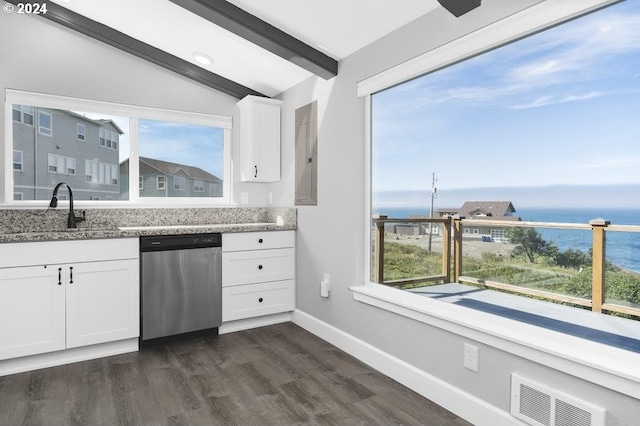 3660 Rocky Creek Ave, Depoe Bay, OR 97341 - kitchen with stainless steel dishwasher, a sink, a water view, light stone counters, and white cabinetry